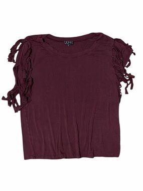 POL Burgundy Short Sleeve Top with Fringe-Tie Sleeves